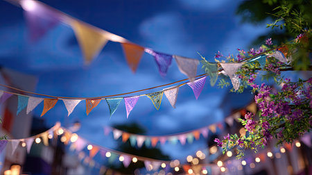 A vibrant scene of colorful bunting flags hanging among blooming flowers under a twilight sky, illuminated by soft decorative lights for a festive ambiance.の素材