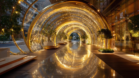 An enchanting modern archway illuminated with golden lights creates a captivating urban pathway, inviting visitors with its serene reflections and artistic charm.の素材