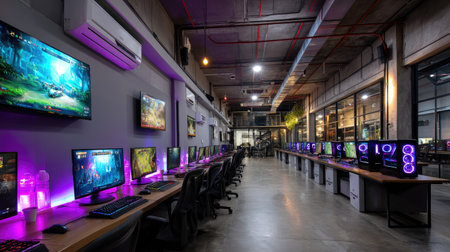A dynamic and modern gaming environment showcasing an array of computers and screens, all set in a contemporary workspace with ambient lighting.の素材