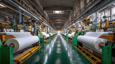A spacious industrial textile factory showcasing advanced machinery producing high-quality fabrics. The vibrant setup highlights the efficiency and scale of textile manufacturing.の素材