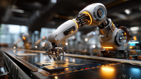 A robotic arm operates in a modern industrial setting, showcasing advanced technology in the assembly of electronic components with precision and efficiency.の素材