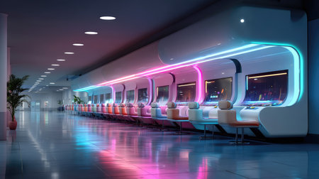 A stunning interior of a futuristic gaming lounge featuring sleek designs and vibrant neon lights. This modern space invites relaxation and social interaction.の素材