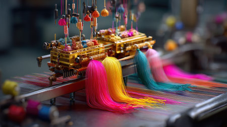 Experience the vibrant world of textile production, showcasing colorful threads flowing from traditional weaving equipment in a creative workshop environment.の素材