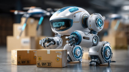 A futuristic robotic delivery assistant efficiently interacts with cardboard boxes in a modern warehouse, showcasing advanced technology and innovation in logistics.の素材