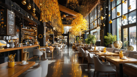 A beautifully designed restaurant interior showcases warm golden accents and soft ambient lighting, creating an inviting dining atmosphere perfect for gatherings.の素材