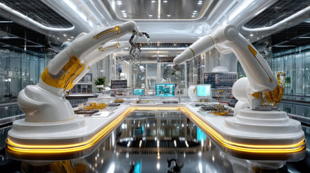This image showcases an advanced robotic workstation featuring two robotic arms in a sleek, high-tech environment, emphasizing modern automation and engineering innovations.の素材