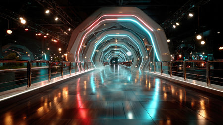This captivating image showcases a futuristic walkway illuminated by vibrant neon lights, creating a dynamic ambiance in a modern architectural setting.の素材