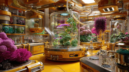 This image showcases a futuristic laboratory filled with vibrant flora in glass containers, merging technology and nature in an innovative setting.の素材