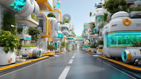 A stunning futuristic urban landscape showcasing advanced technology and lush greenery, highlighting the integration of nature and modern architecture in a vibrant city.の素材
