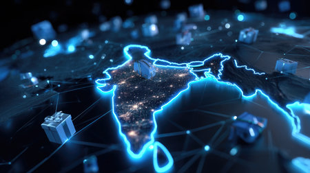 This digital illustration showcases a stylized map of India illuminated with neon effects, representing connectivity in global trade and commerce featuring gift icons.の素材