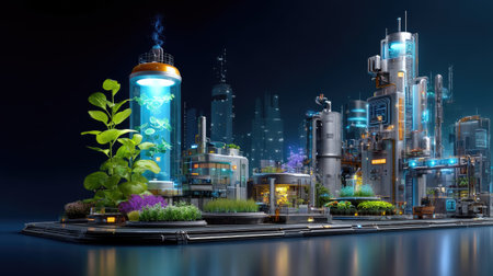 This captivating image showcases a futuristic urban landscape, featuring high-tech buildings intertwined with vibrant greenery and transparent tanks, blending nature and technology.の素材