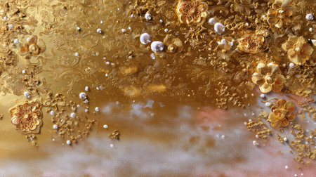 Stunning gold floral background featuring intricate designs and shimmering pearls, perfect for artistic projects, invitations, or elegant decor.の素材