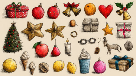 A vibrant collection of hand-drawn holiday decorations and seasonal items perfect for festive designs, illustrating joy and celebration in the winter season.の素材