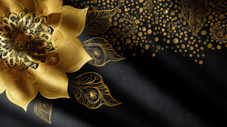 A stunning representation of a golden flower with intricate detailing against a deep black background, perfect for art decor, illustration, or creative projects.の素材