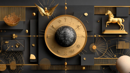 This visually striking image showcases an abstract representation of astrology, featuring luxurious gold elements against a dark backdrop. Intricate symbols and celestial motifs create a sense of mystique and elegance, perfect for conveying astrological themes.の素材