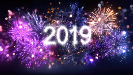 A vibrant and colorful fireworks display featuring the year 2019, illuminating the night sky with sparkling lights and joyful energy, perfect for celebrations.の素材