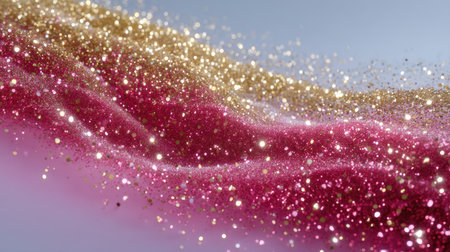 This captivating image showcases a beautiful wave of shimmering pink and gold glitters, creating a soft and colorful backdrop. Perfect for creative and decorative projects.の素材