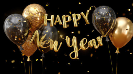 Vibrant image featuring a joyful New Year celebration design with gold and black balloons, confetti, and shiny decorations for memorable festivities.の素材