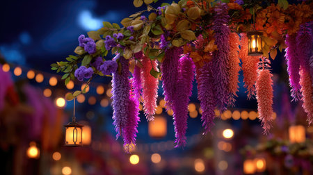 A stunning capture of purple wisteria flowers hanging elegantly with decorative lanterns, creating a magical ambiance for outdoor festivals or events.の素材