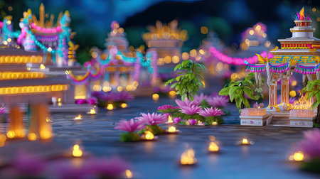 A captivating festival scene featuring vibrant lights and delicate flowers, creating a magical atmosphere in a serene night landscape.の素材