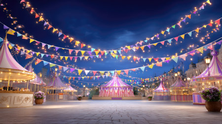 Enchanting festival scene featuring vibrant tents and colorful banners illuminated by twinkling lights, set against a dramatic evening sky.の素材
