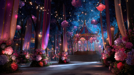 A stunning night scene featuring a whimsical gazebo surrounded by vibrant flowers and twinkling lights. The enchanting atmosphere creates a magical experience.の素材