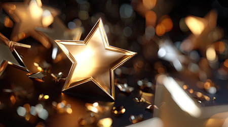 A stunning arrangement of shimmering golden stars scattered over a dark background, creating a beautiful festive atmosphere. Ideal for themes of celebration and achievement.の素材