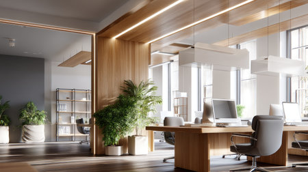 A beautifully designed modern office interior featuring natural light, stylish furniture, and greenery, creating an inspiring workspace for productivity.の素材