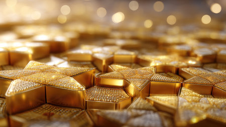 A stunning close-up view of a textured gold star pattern, enhanced by soft bokeh effects that create an inviting and luxurious atmosphere. Perfect for festive themes.の素材