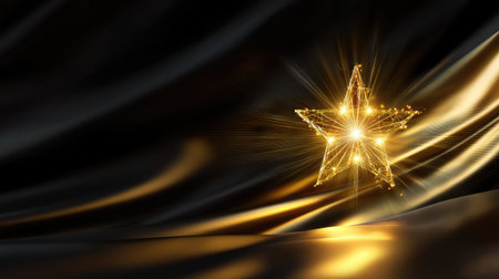 This stunning image showcases a glimmering gold star against a dark silk backdrop, perfect for elegant projects and celebrations, exuding a sense of luxury and beauty.の素材