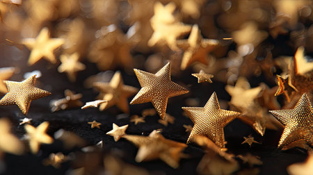 A mesmerizing display of golden stars falling gracefully, creating a magical ambiance perfect for festive occasions and joyful celebrations.の素材