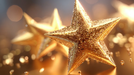 This captivating image showcases golden star decorations shimmering against a glittering background, perfect for themes of celebration and joy.の素材