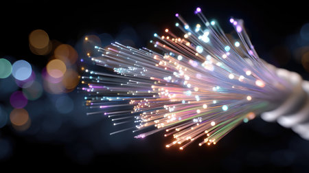 This image showcases a stunning burst of colorful fiber optic cables radiating light against a dark backdrop, representing modern technology and communication.の素材