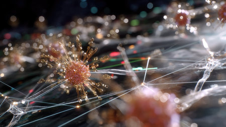 This abstract image features a digital representation of molecular structures with vibrant particles and connecting filaments against a dark background, showcasing intricate beauty.の素材