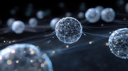 This abstract image features luminous spheres interconnected by delicate lines, symbolizing networks and data exchange in a digital universe.の素材