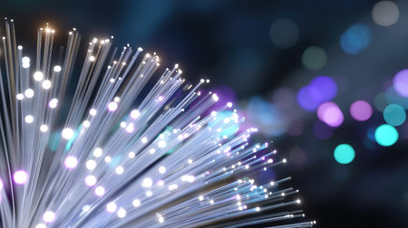 A mesmerizing display of abstract fiber optic lights with a colorful bokeh effect against a dark background, creating a vibrant and dreamy atmosphere.の素材