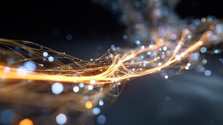 This captivating abstract image showcases vibrant light trails and glowing particles flowing in a beautiful wave pattern, evoking energy and movement.の素材