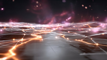 This visually striking abstract digital landscape features glowing lines and light effects set against a cosmic background. Perfect for futuristic concepts.の素材