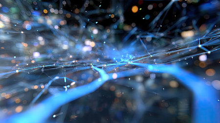 This abstract image represents a digital network environment, showcasing connections and data flow through vibrant blue lines and luminous particles.の素材