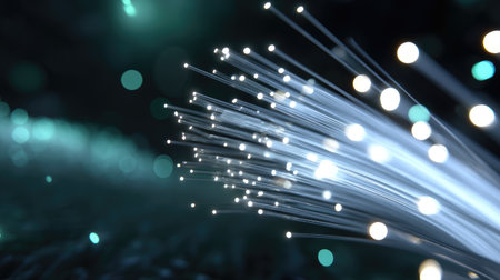 Intriguing abstract image showcasing glowing fiber optic cables gracefully extending into a dark space. Ideal for illustrating technology and connectivity themes.の素材