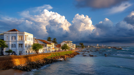 A stunning coastal scene showcasing vibrant buildings set against dramatic clouds at sunset, ideal for travel and tourism themes, emphasizing serenity.の素材