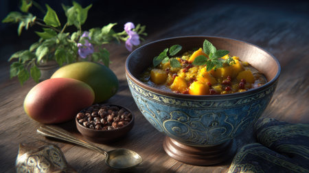 A beautifully arranged bowl of mango and squash salad, garnished with fresh mint leaves, captures the vibrant colors of healthy, natural ingredients.の素材