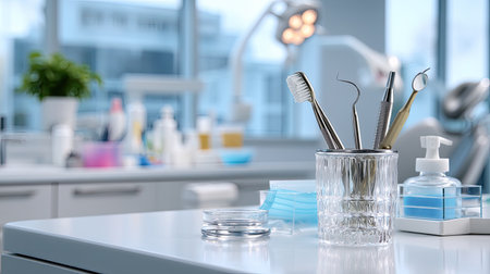 A close-up view of dental instruments stored in a glass container, set against a backdrop of a clean, modern dental clinic filled with supplies.の素材