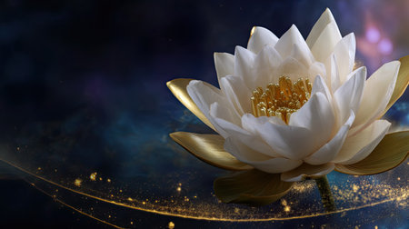 This captivating image features a serene white lotus flower with golden petals, set against a mesmerizing cosmic background filled with sparkling lights, evoking tranquility and beauty.の素材