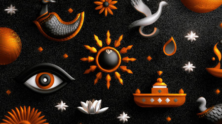 A captivating display of Indian artistic motifs and symbols featuring vibrant colors, intricately designed elements, and a textured black background.の素材
