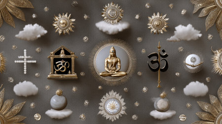 An elegant arrangement of spiritual symbols including Buddha, Om, and sun motifs on a serene background, evoking a sense of peace and calmness.の素材