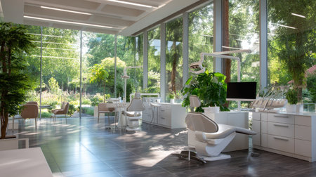 This modern dental clinic features a sleek interior designed for comfort and efficiency, harmoniously integrating natural light and lush greenery, providing a calming environment for patients.の素材