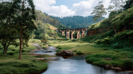 A stunning view showcasing a historic arch bridge surrounded by vibrant green hills and a serene stream, perfect for nature enthusiasts and travelers.の素材