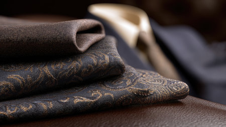An exquisite arrangement of luxurious fabrics showcasing intricate patterns in rich tones on a leather surface, perfect for fashion and interior design inspiration.の素材