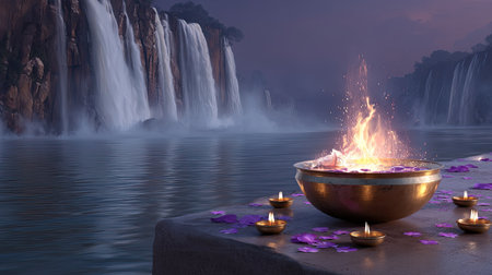A tranquil landscape featuring a waterfall cascading into a serene lake surrounded by soft mist. Floating candles provide gentle illumination, creating a peaceful atmosphere perfect for meditation or relaxation.の素材